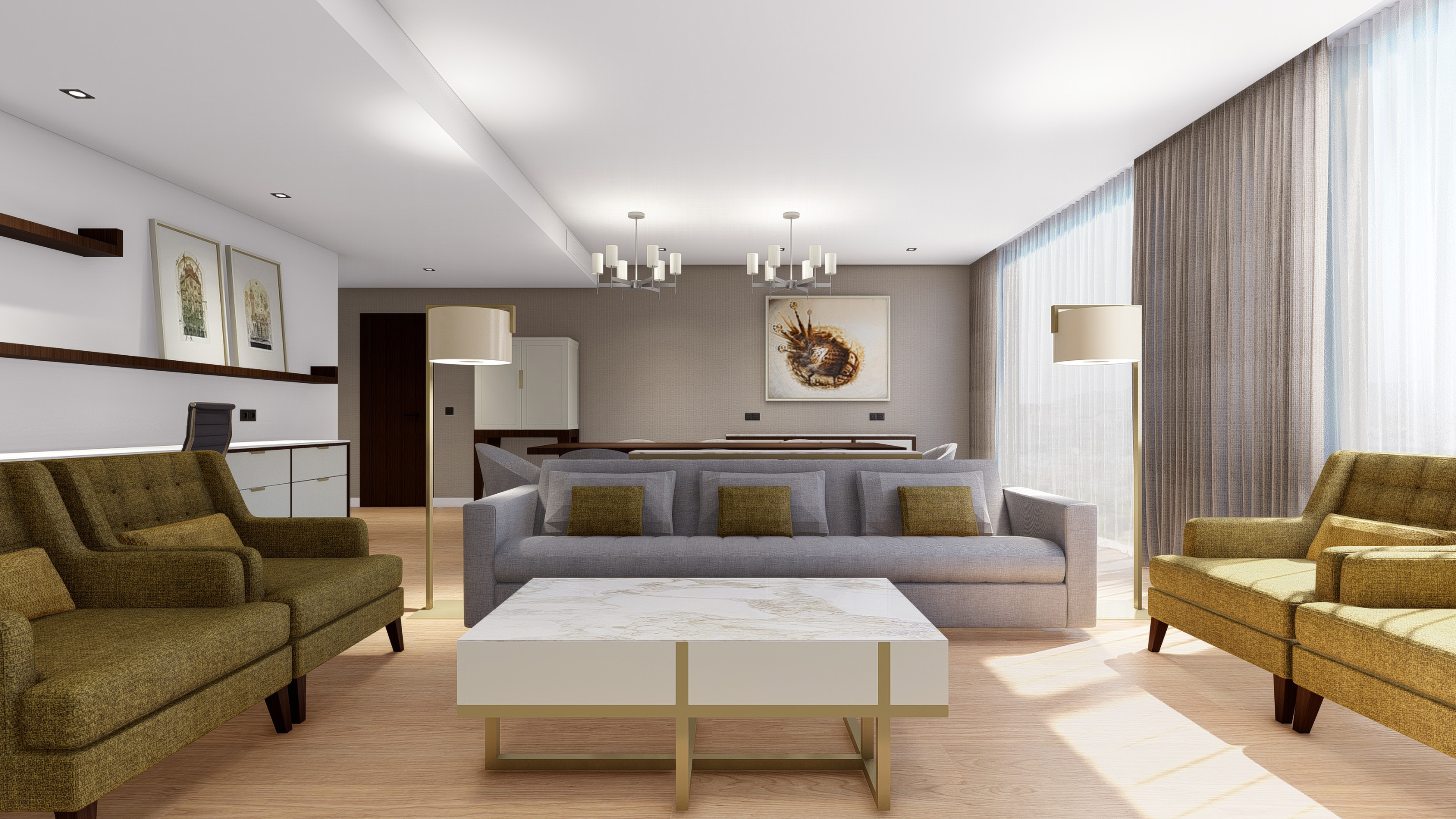 Bright modern living room with gray sofa, green armchairs, marble coffee table.