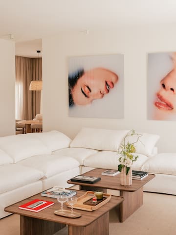 a living room with a couch and a coffee table
