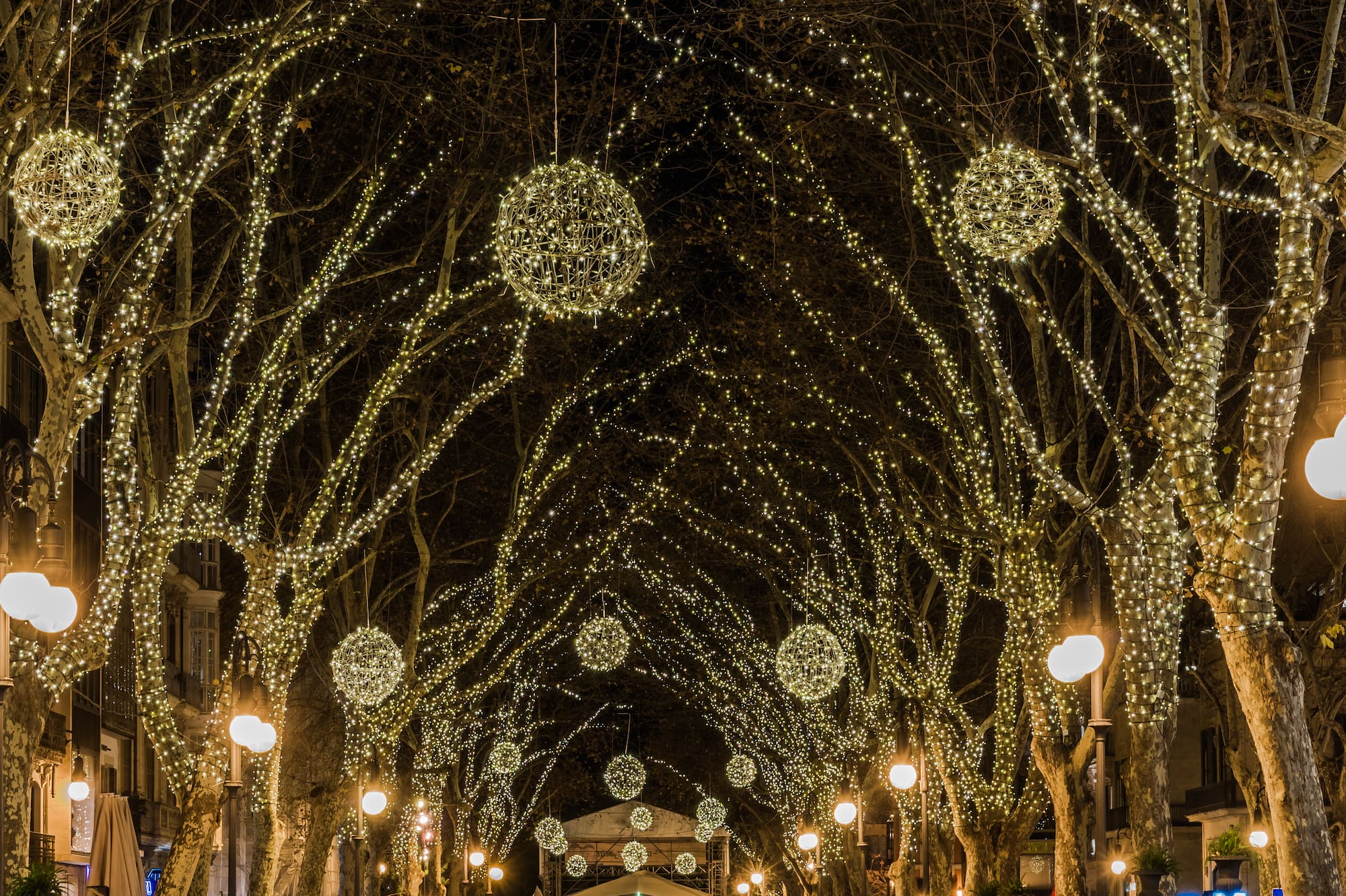 a street with trees with lights and balls