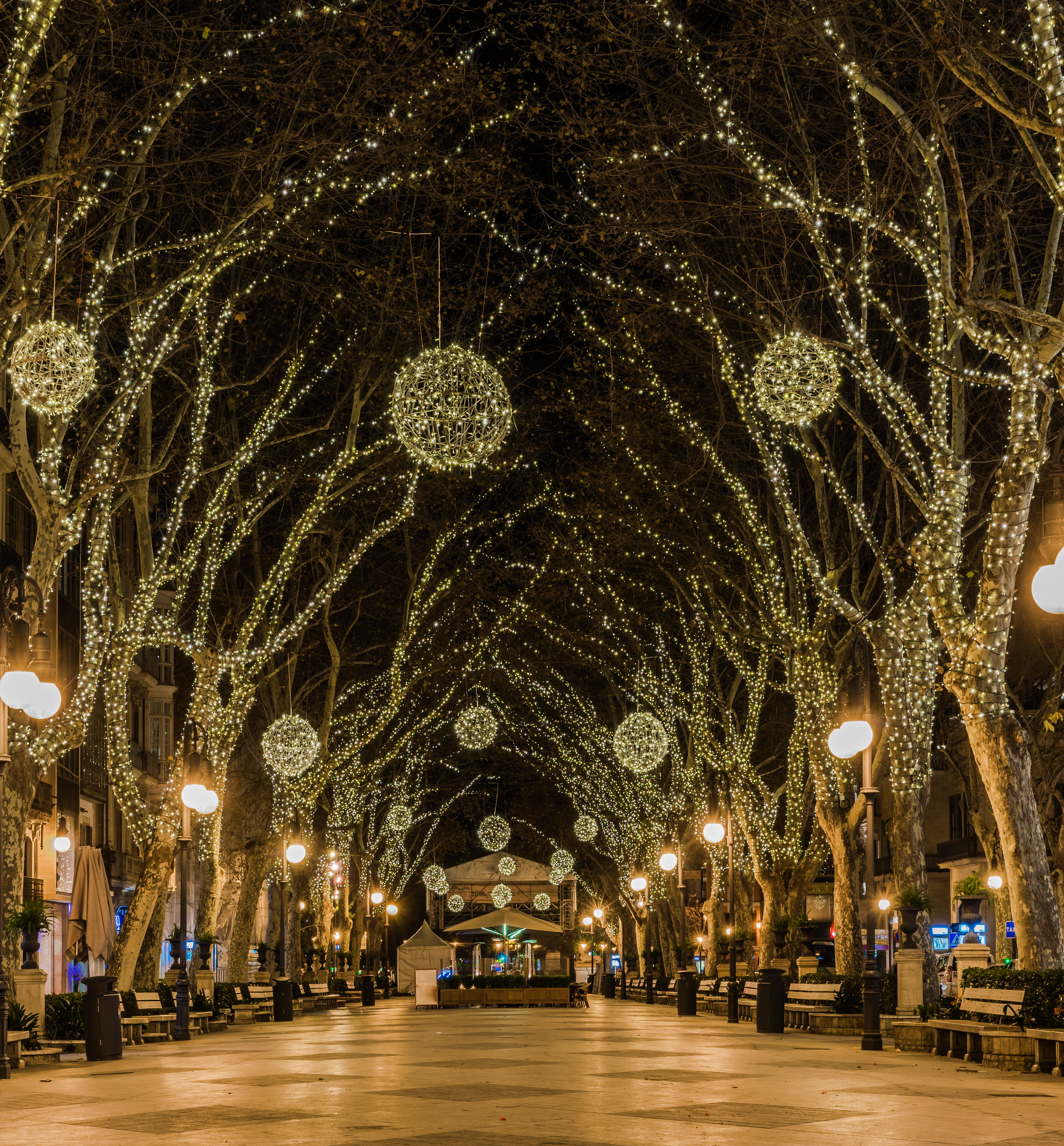 a street with trees with lights and balls
