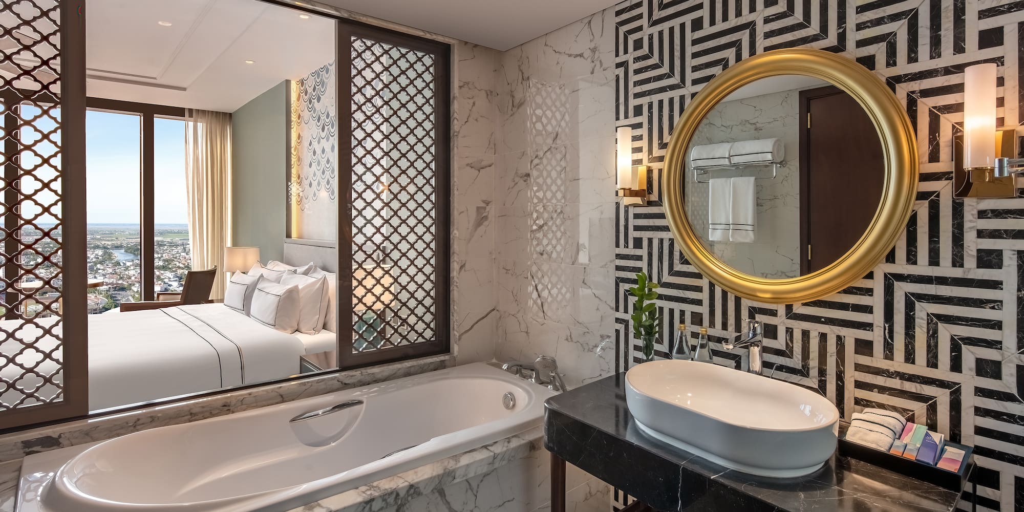 a bathroom with a bathtub and a mirror