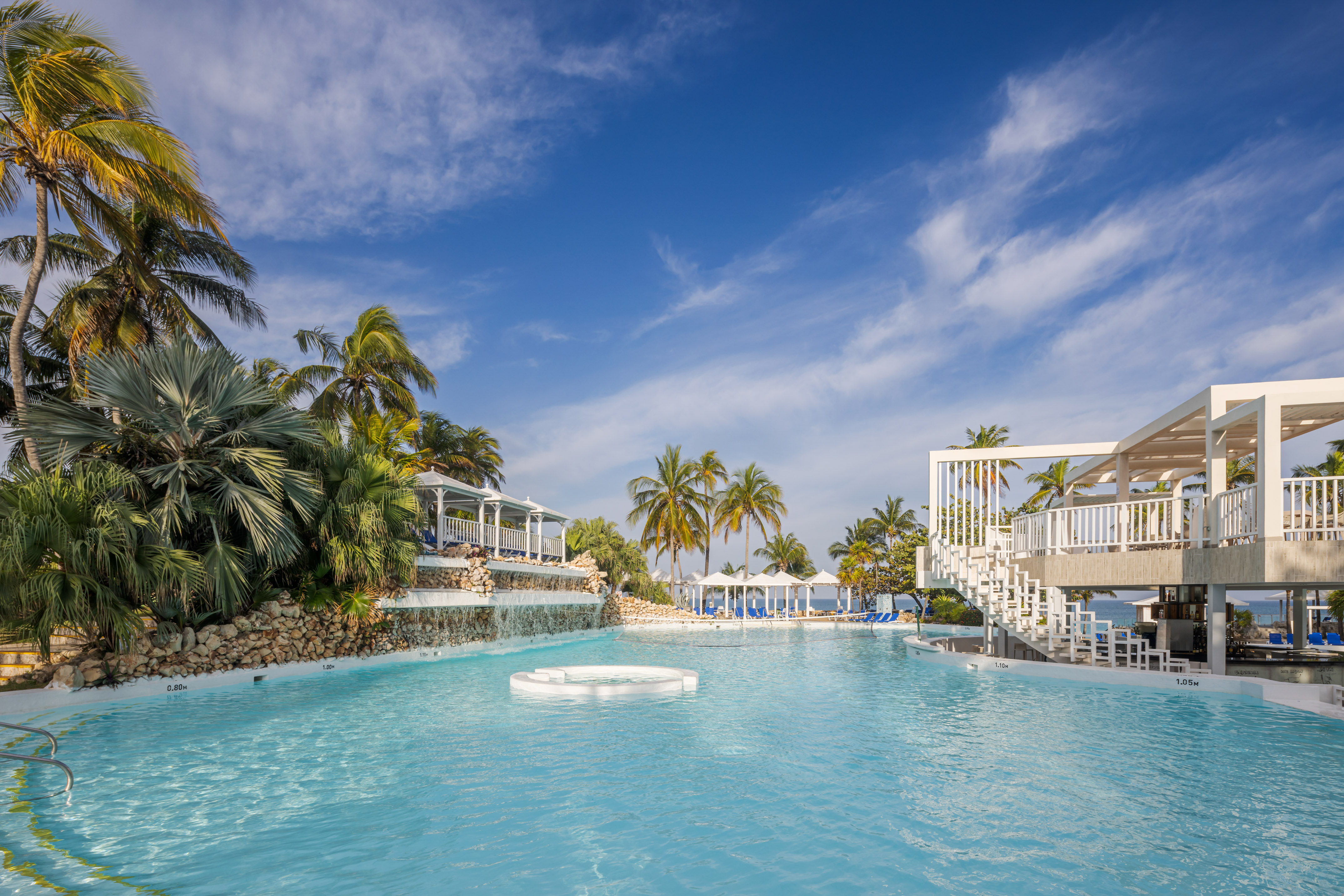 a pool with a waterfall and palm trees