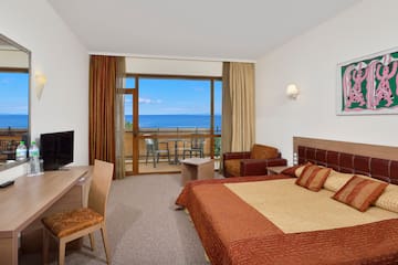 a room with a bed and a television