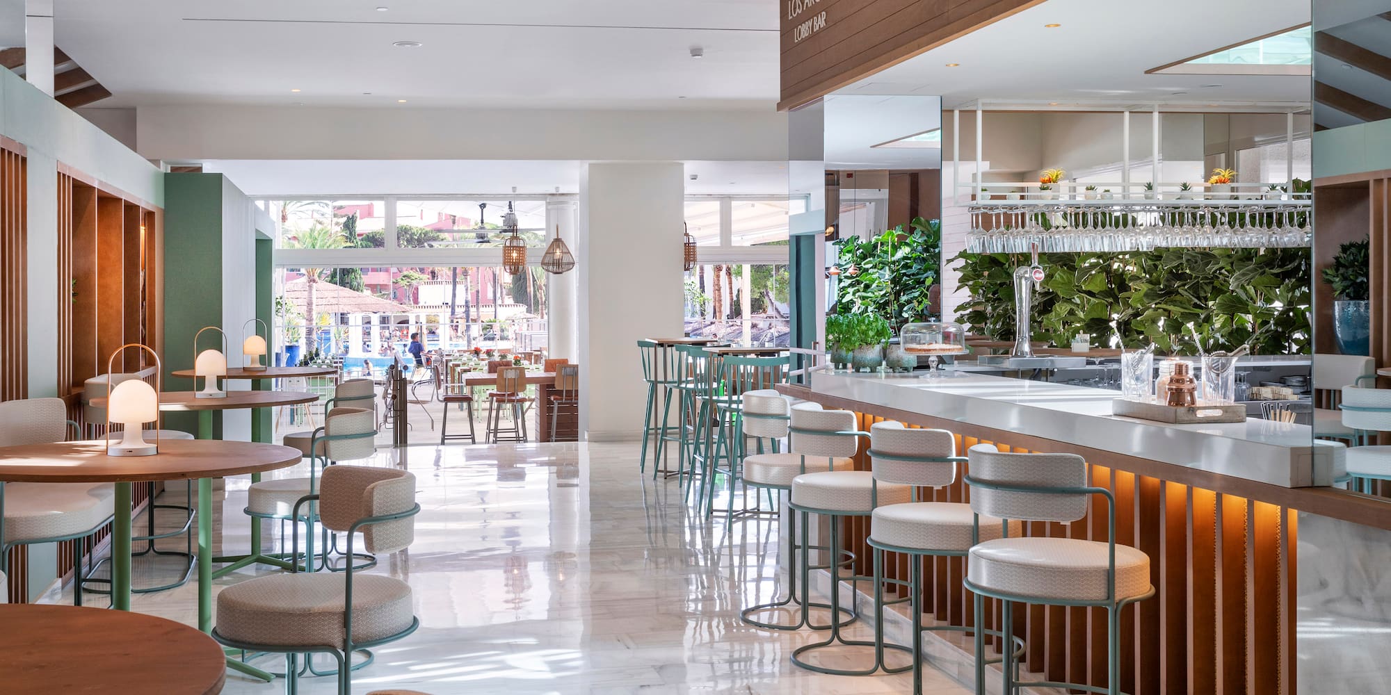 a room with tables and chairs