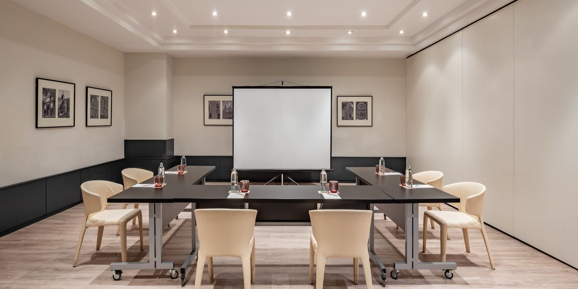 a room with a table and chairs