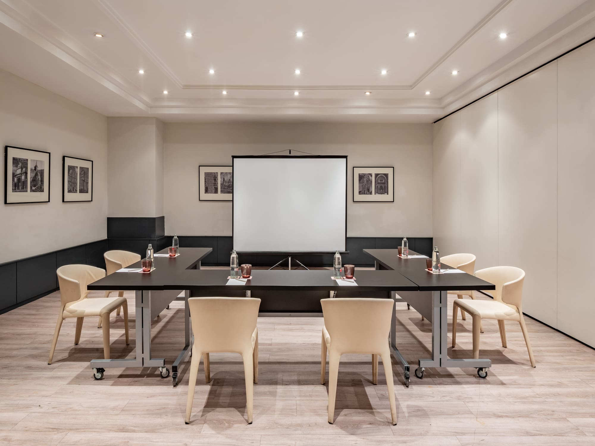 a room with a table and chairs