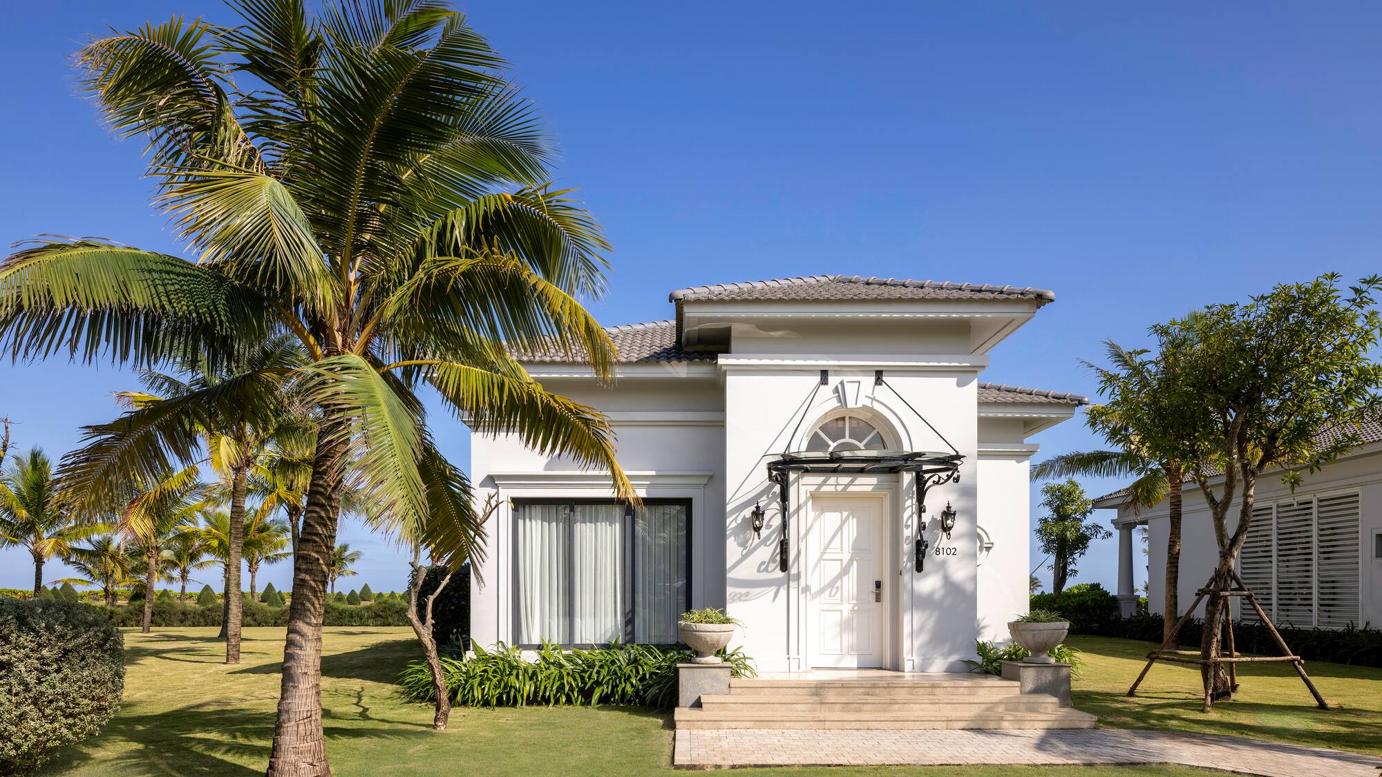 a white house with palm trees
