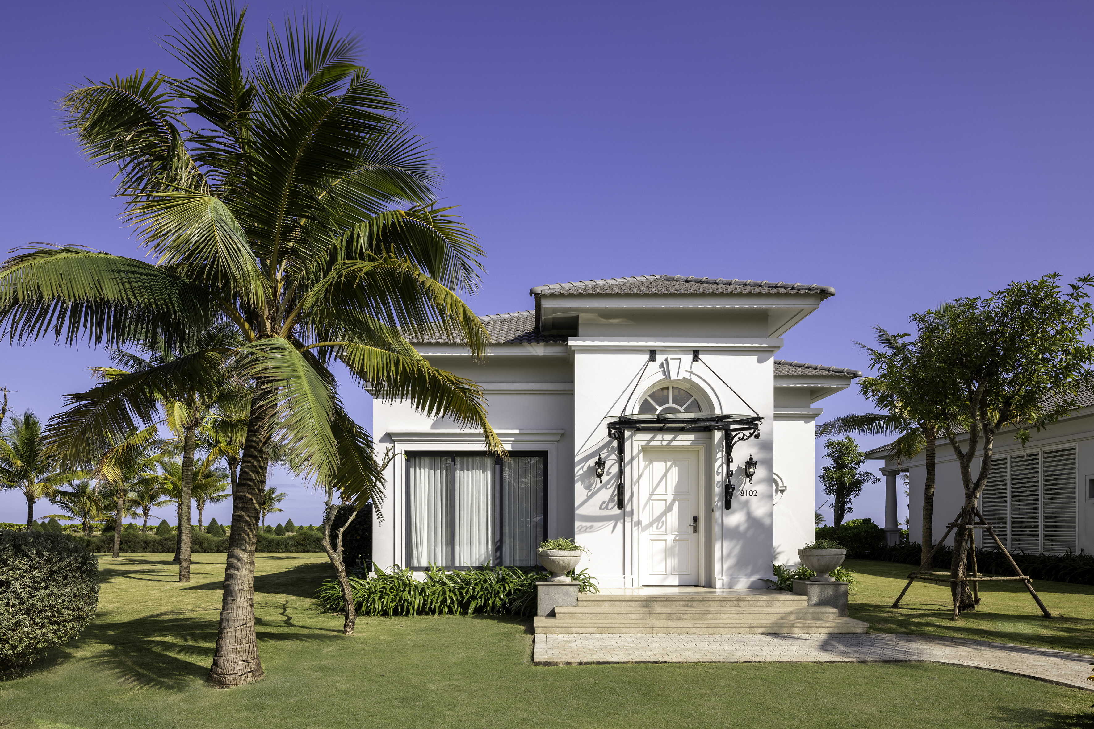a white house with palm trees