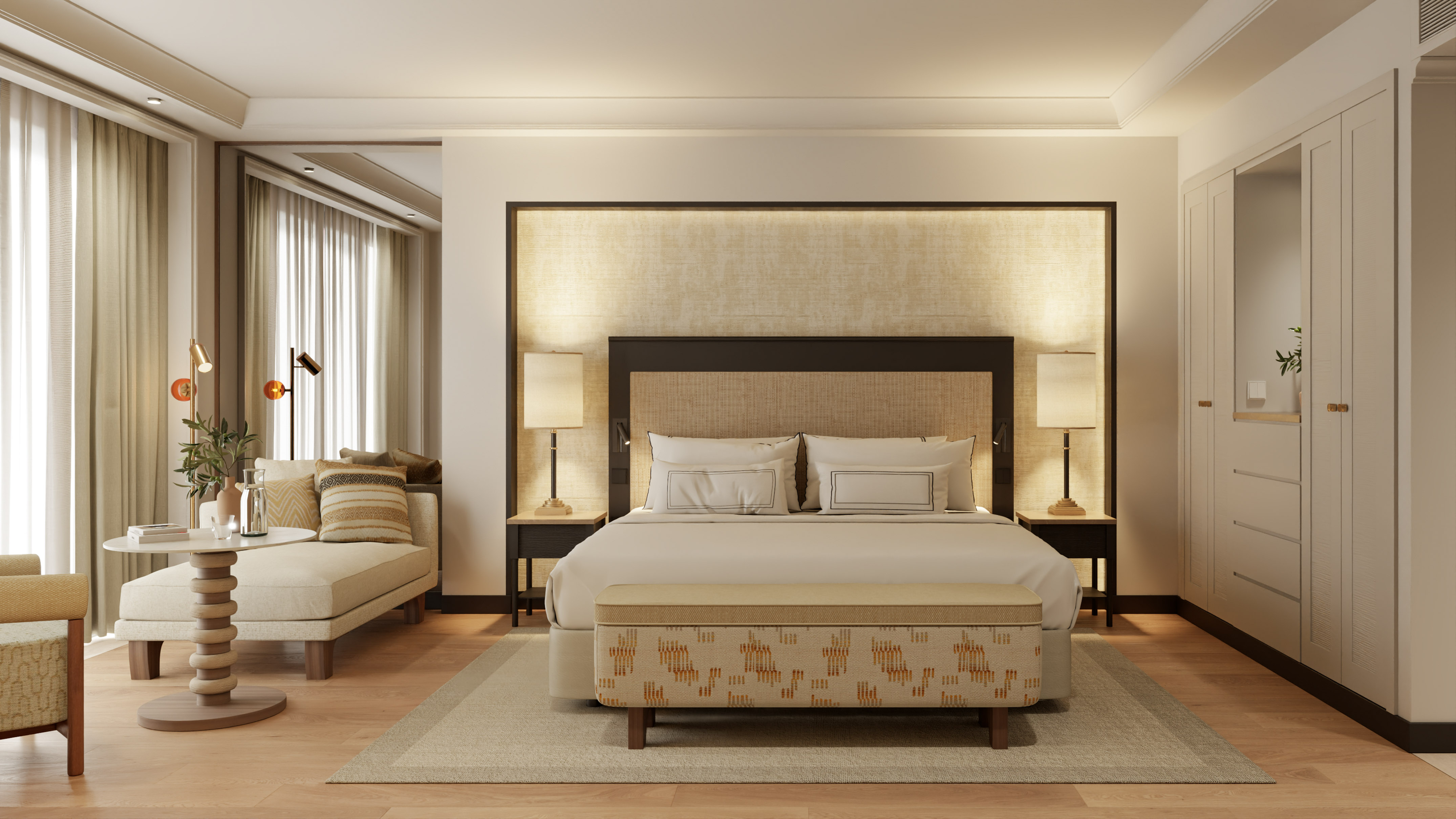 a bedroom with a bed and a bench