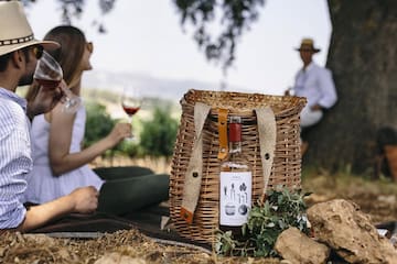 a picnic basket with a bottle of wine and a couple of people sitting on the ground