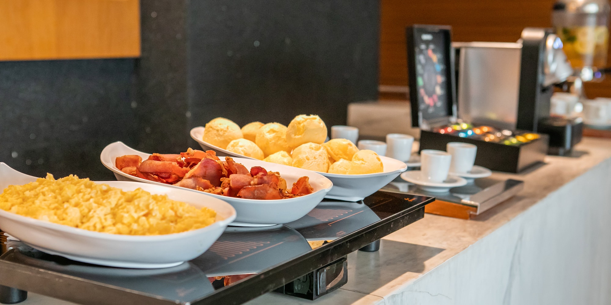 a buffet table with food on it