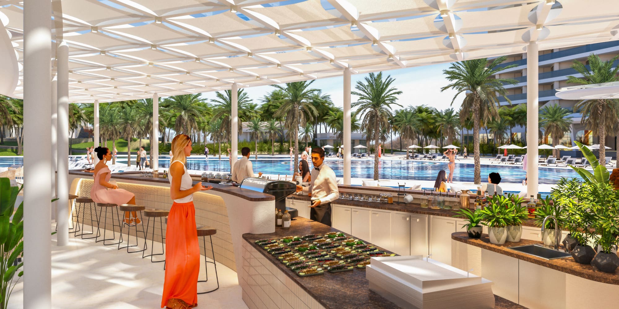 a group of people standing in a pool bar