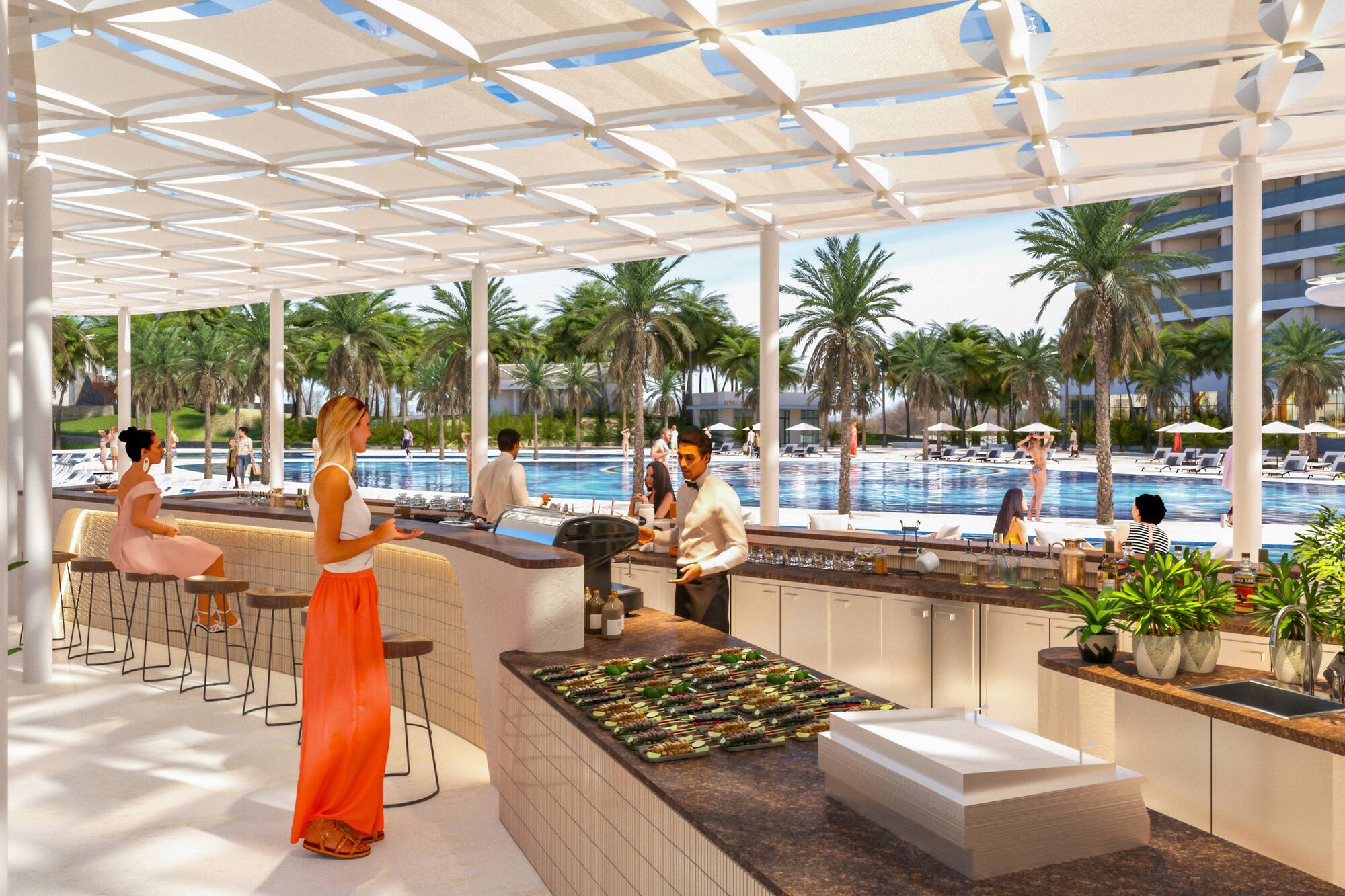 a group of people standing in a pool bar