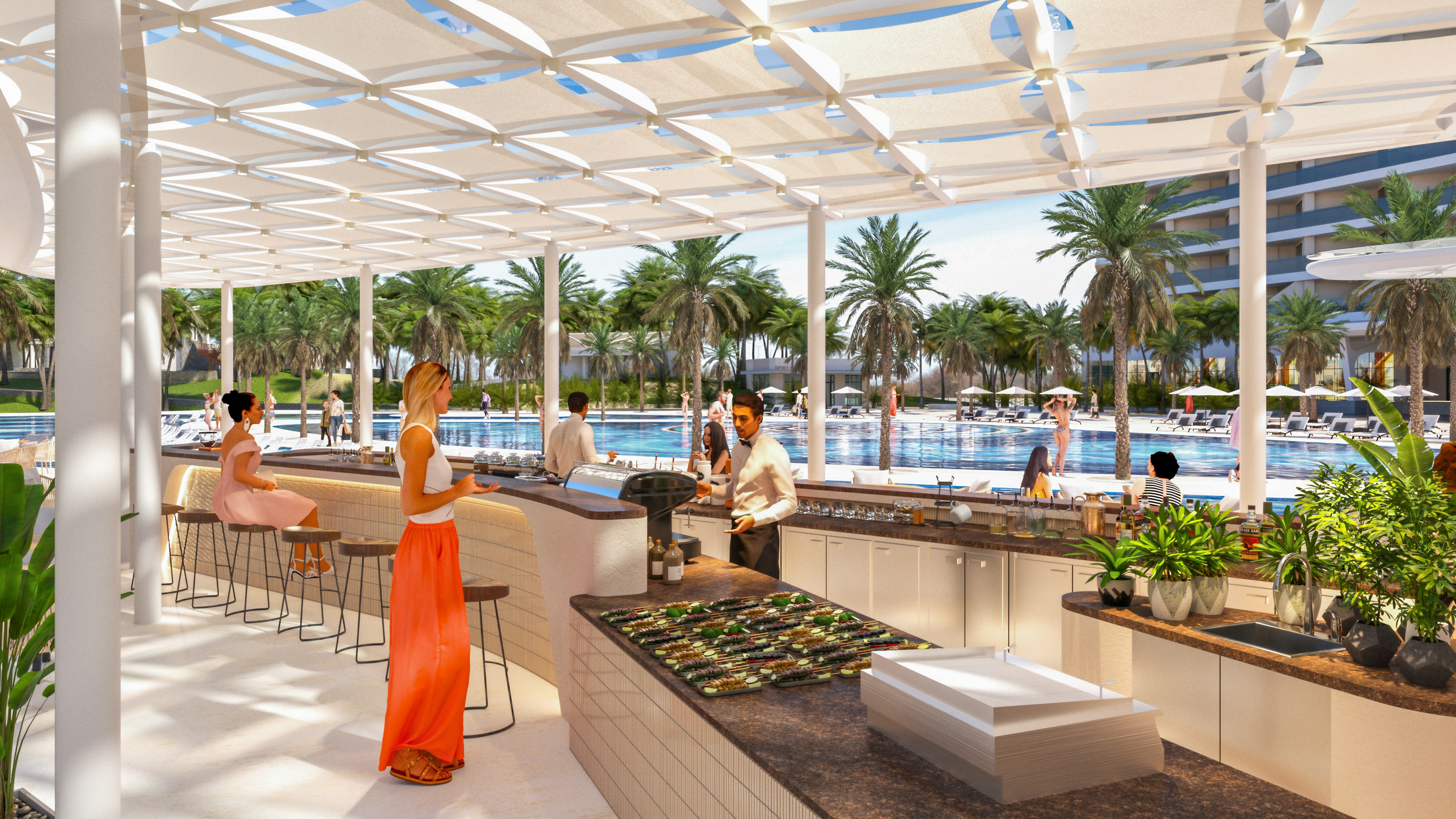 Tropical luxury resort pool bar with guests, food, palm trees, and large pool.