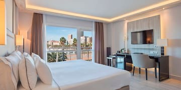 a room with a large bed and a television