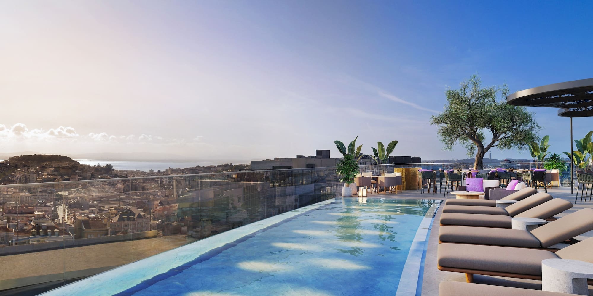 Rooftop infinity pool, lounge area, panoramic city and river view.