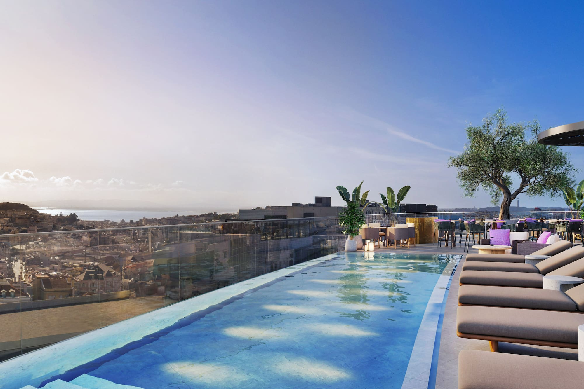 Luxury rooftop infinity pool and lounge area with panoramic city views.