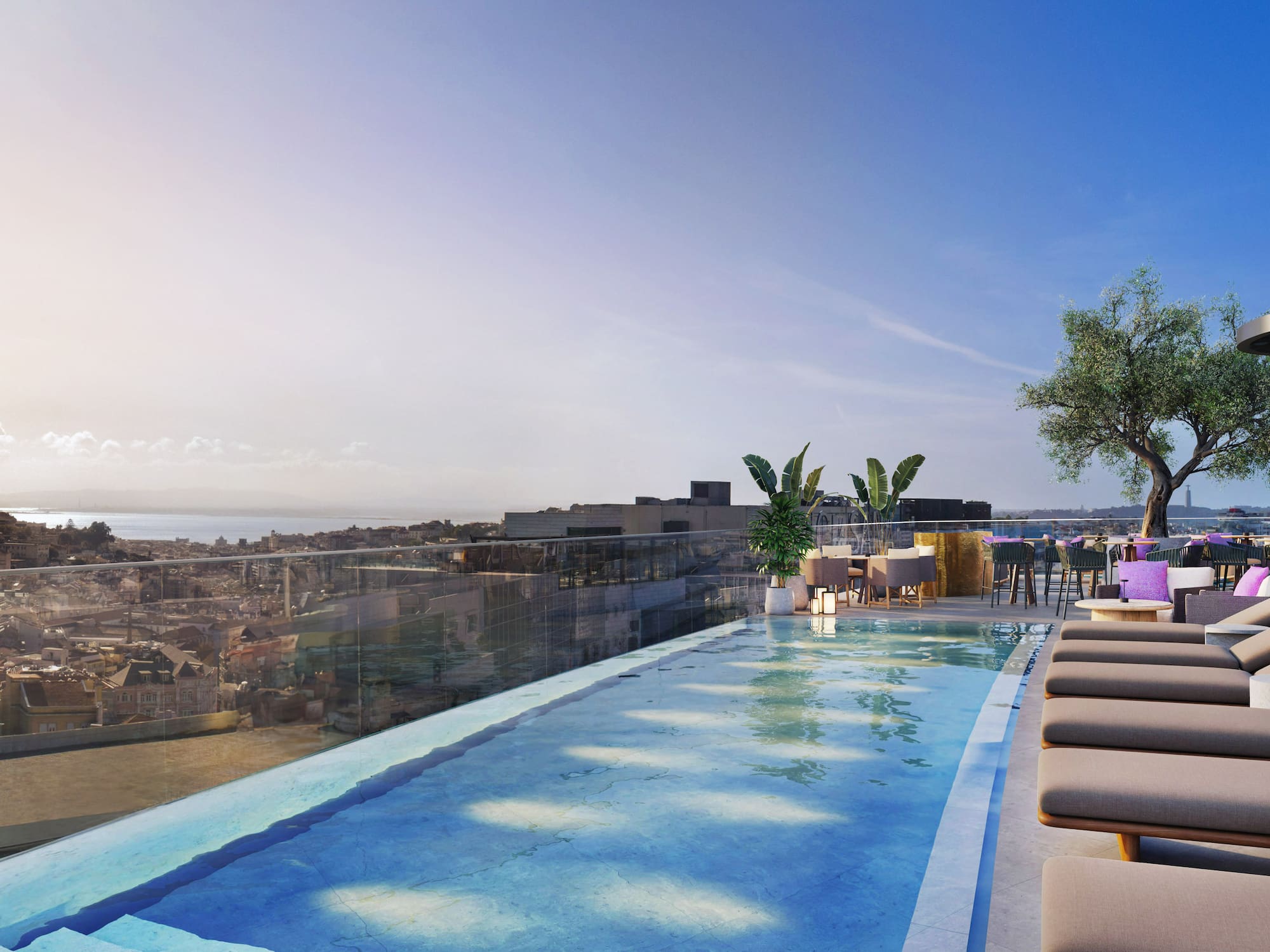 Rooftop infinity pool, lounge area, panoramic city and river view.