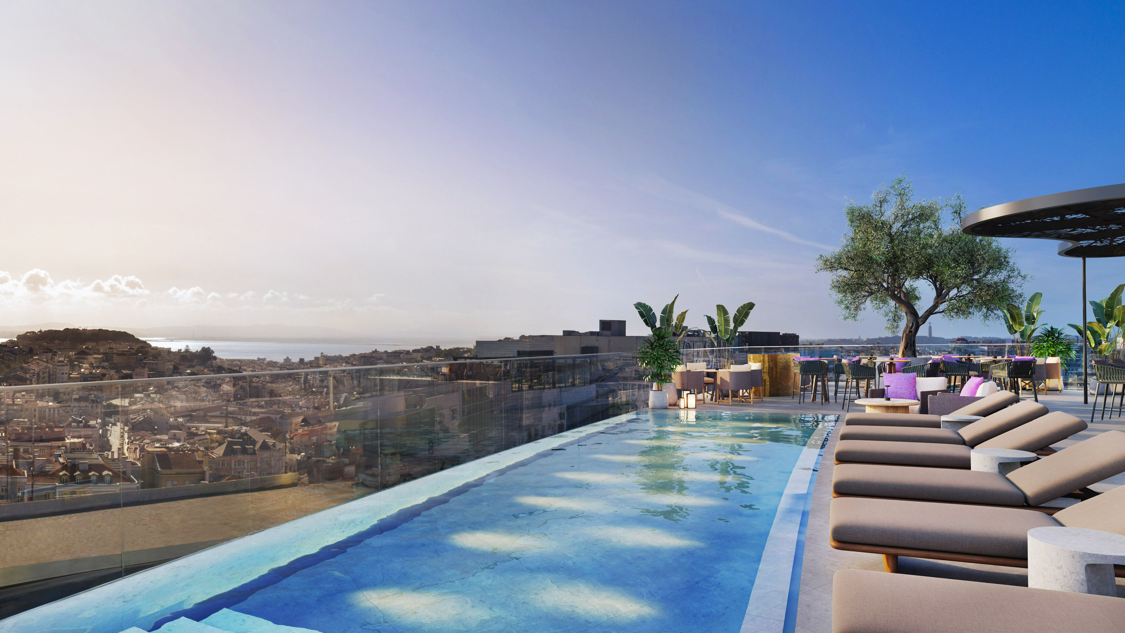 Luxury rooftop infinity pool and lounge area with panoramic city views.
