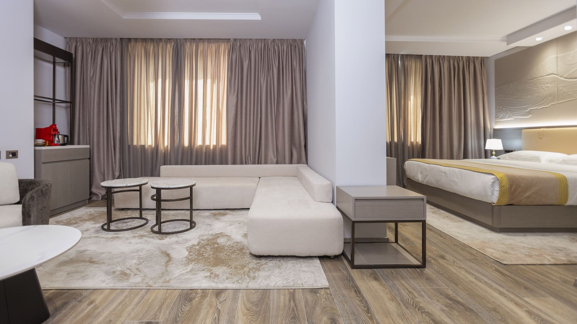 a room with a couch and a table