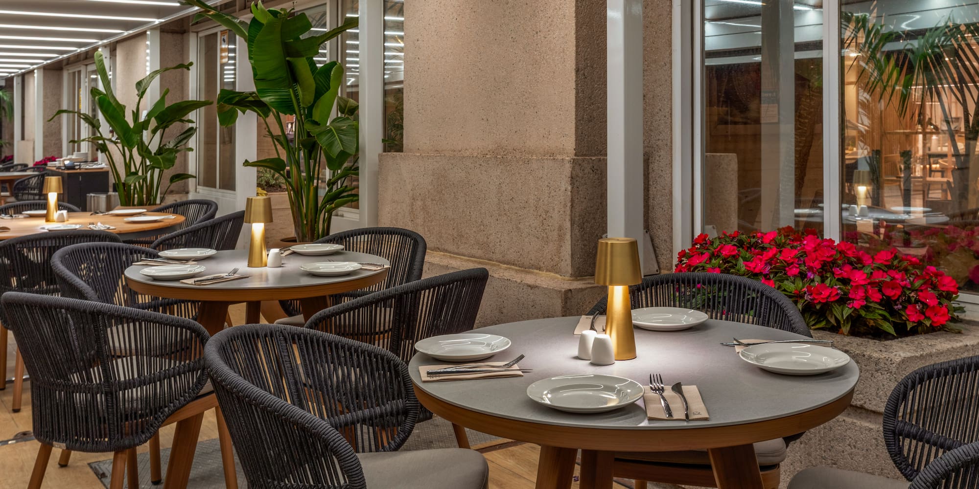 Modern outdoor restaurant patio with dining tables, woven chairs, and illuminated plants.