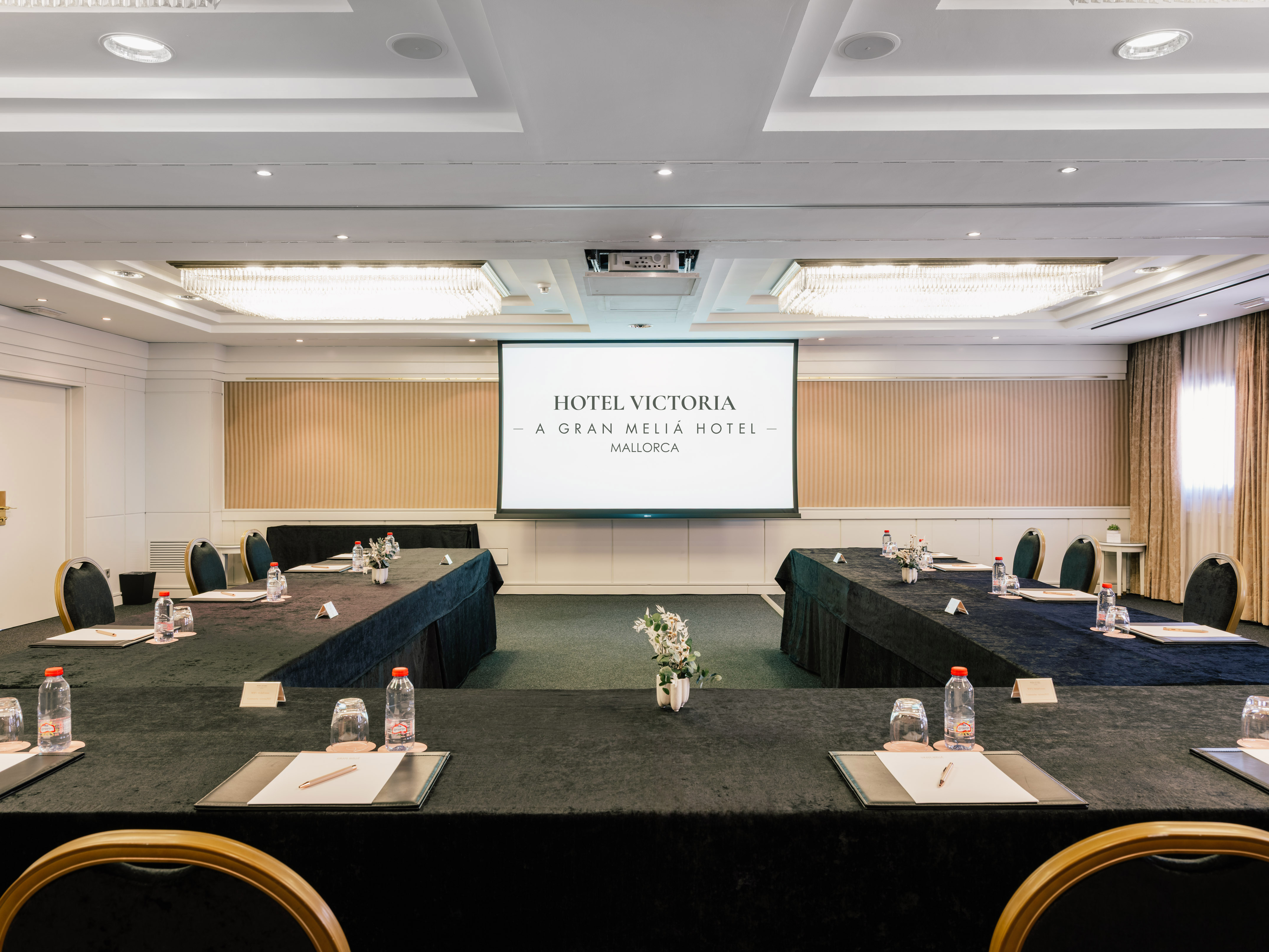 Hotel Victoria meeting room with projector screen, dark tables, and chairs for a conference.