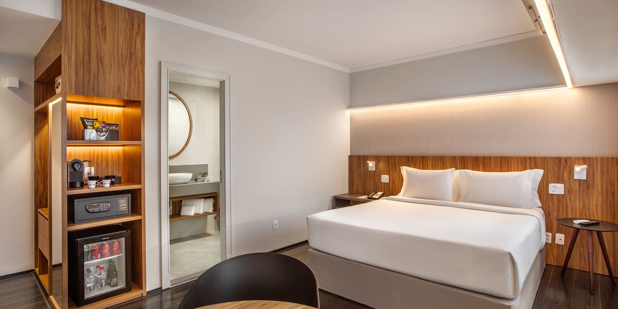 a room with a bed and a table