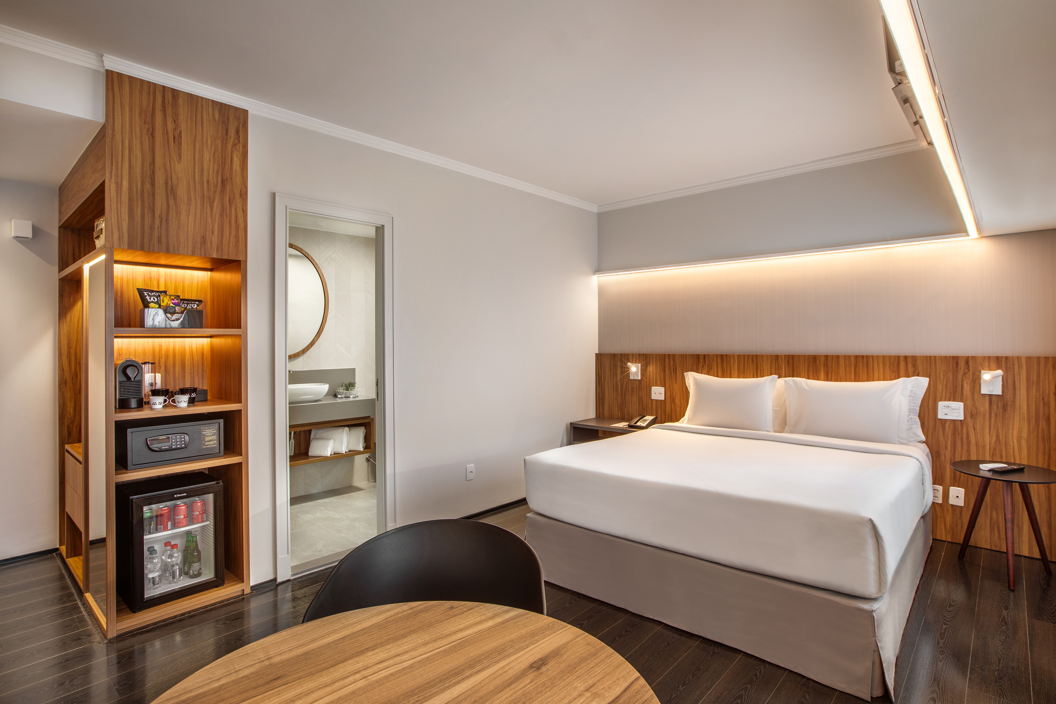 a room with a bed and a table