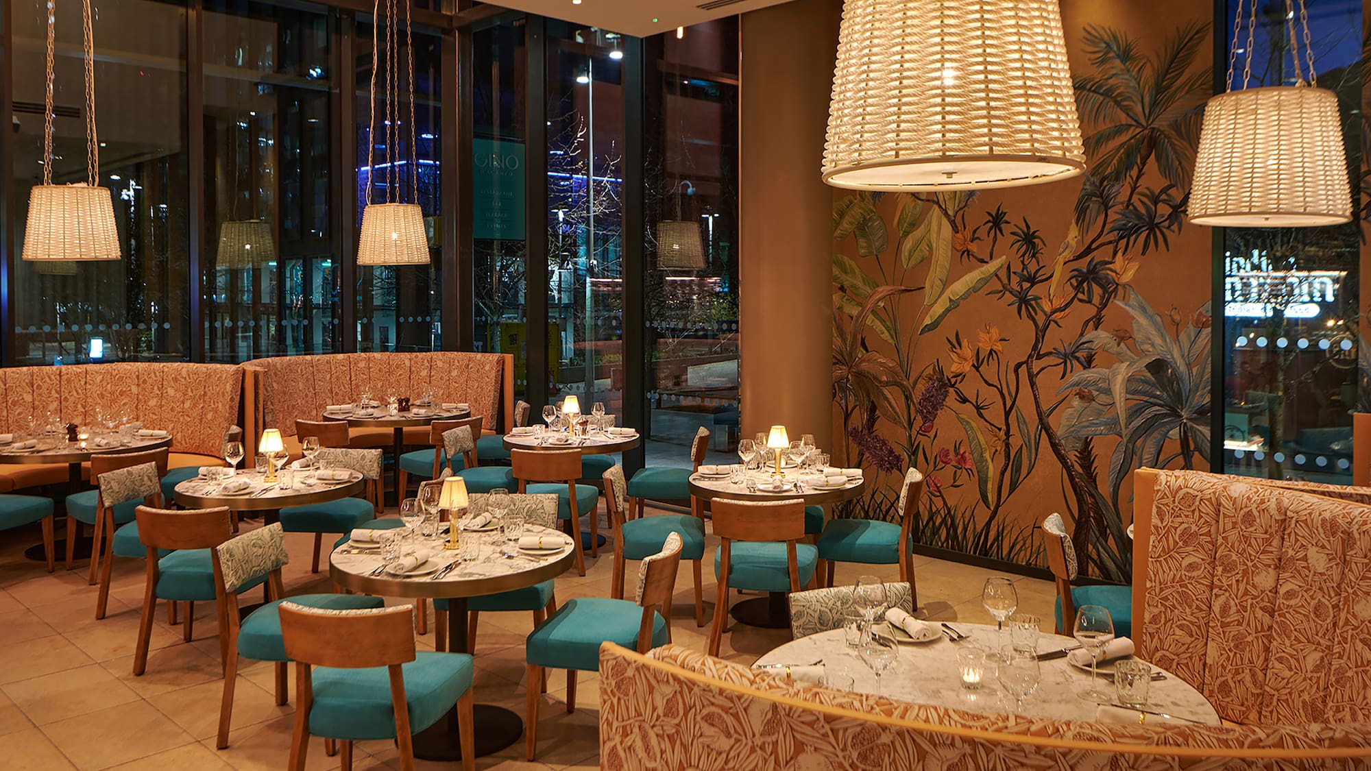 a room with tables and chairs