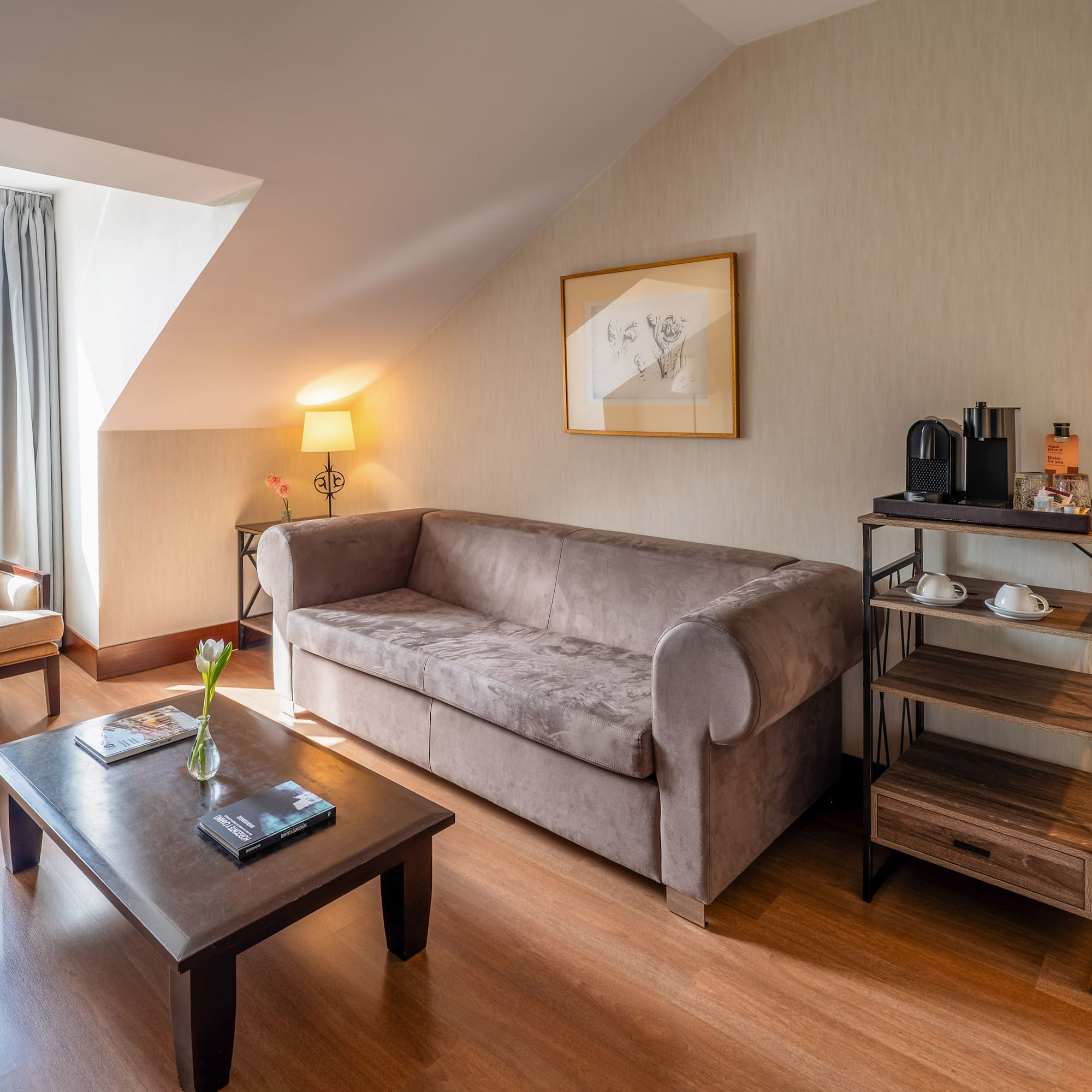 a living room with a couch and coffee table