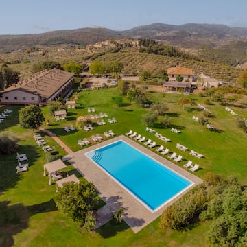 a pool in a grassy area with lawn chairs and trees