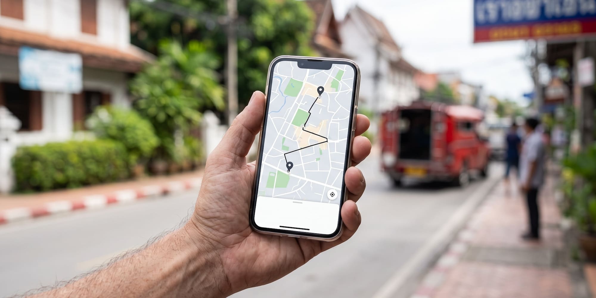 Hand holding smartphone with map app showing travel directions on a street.