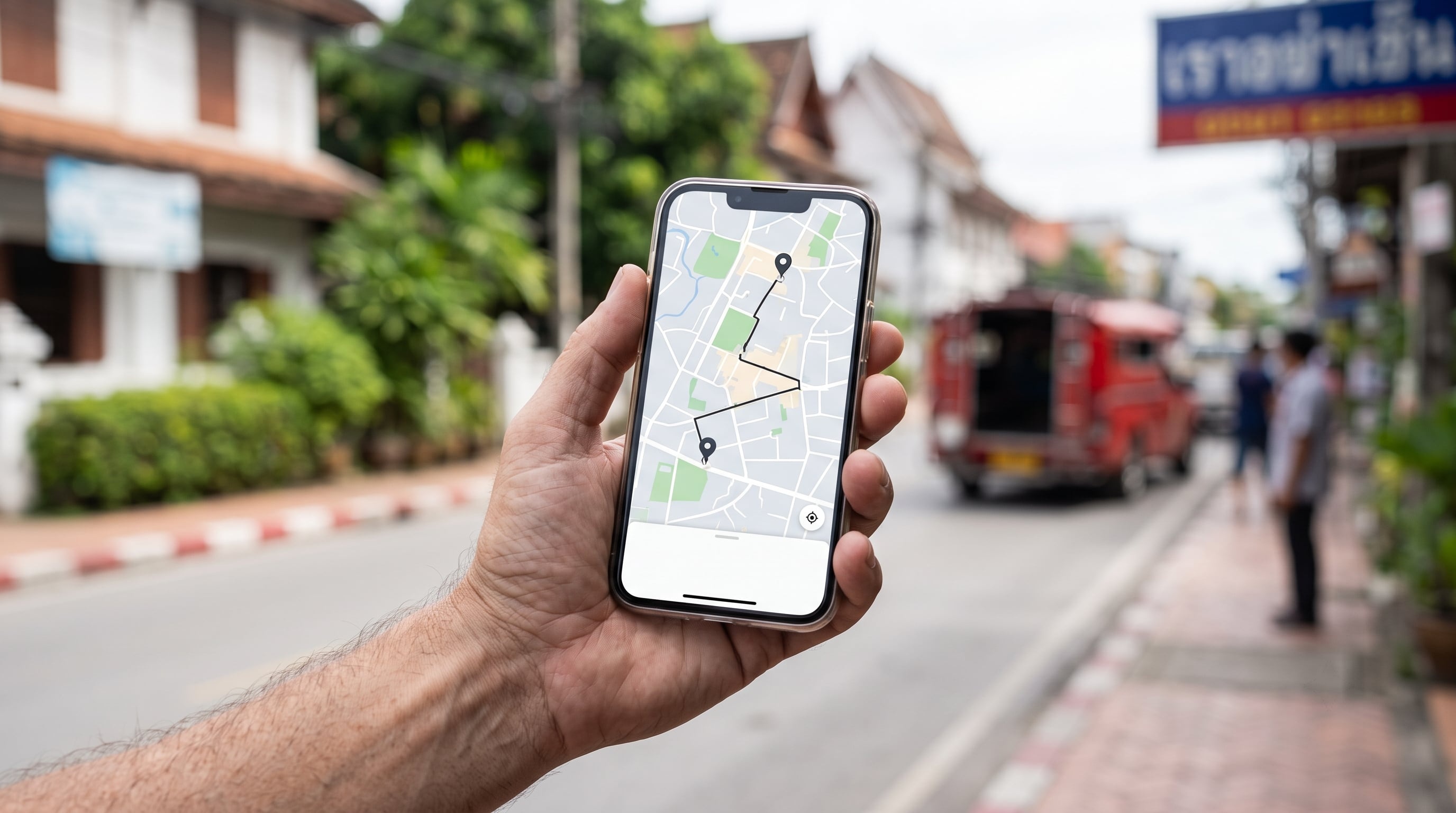 Hand holding smartphone with map app showing travel directions on a street.