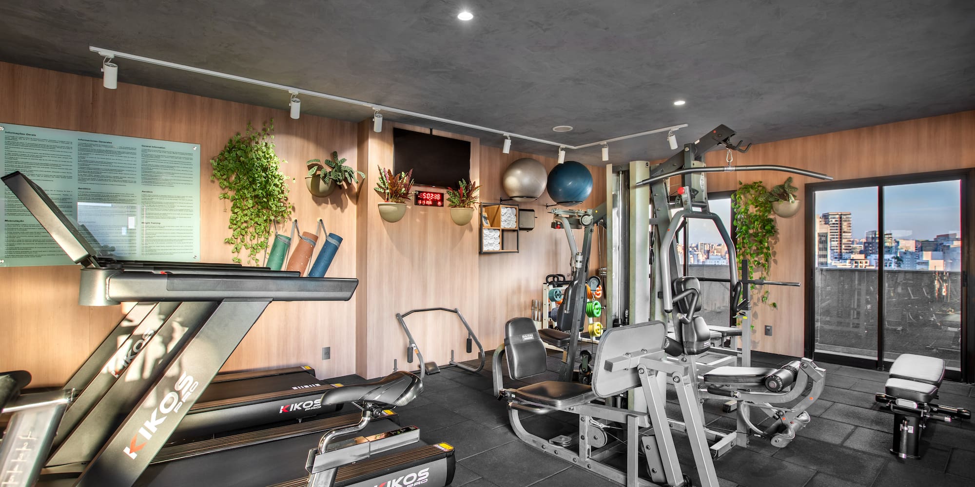 Spacious gym with modern equipment, treadmills, weights, and city skyline view.