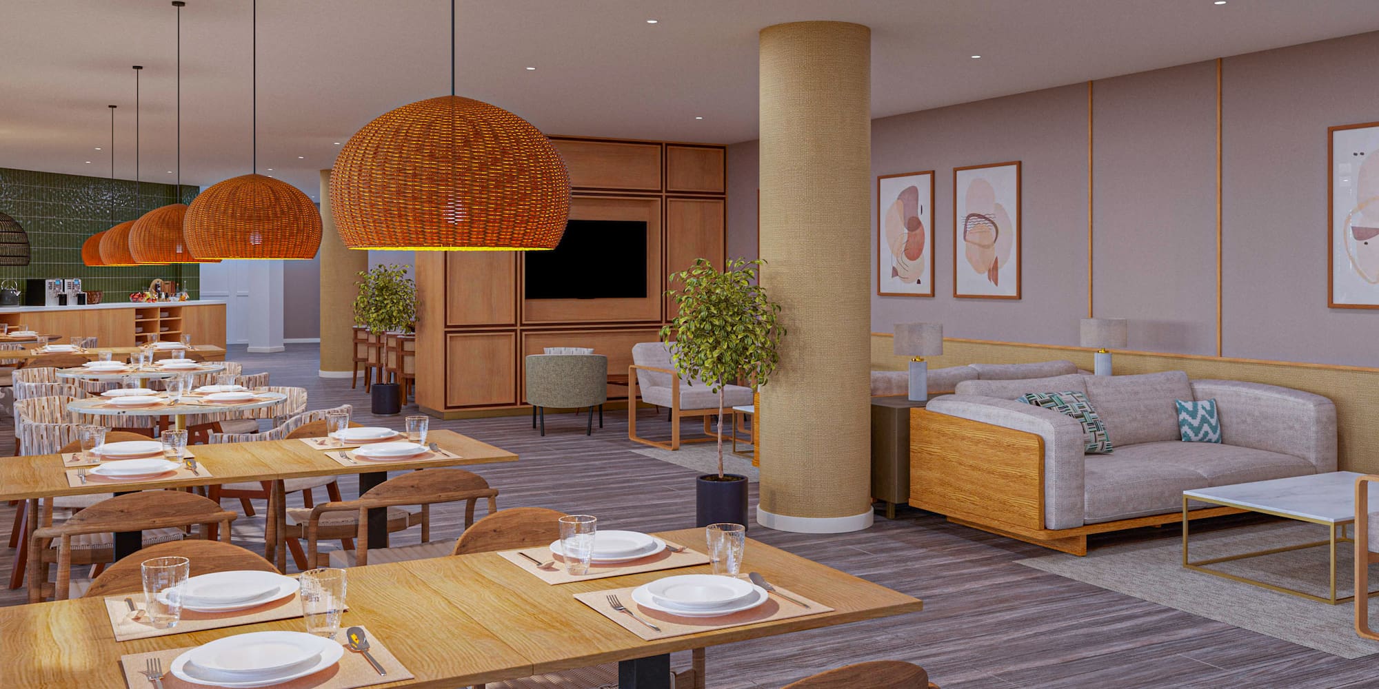 a room with tables and chairs