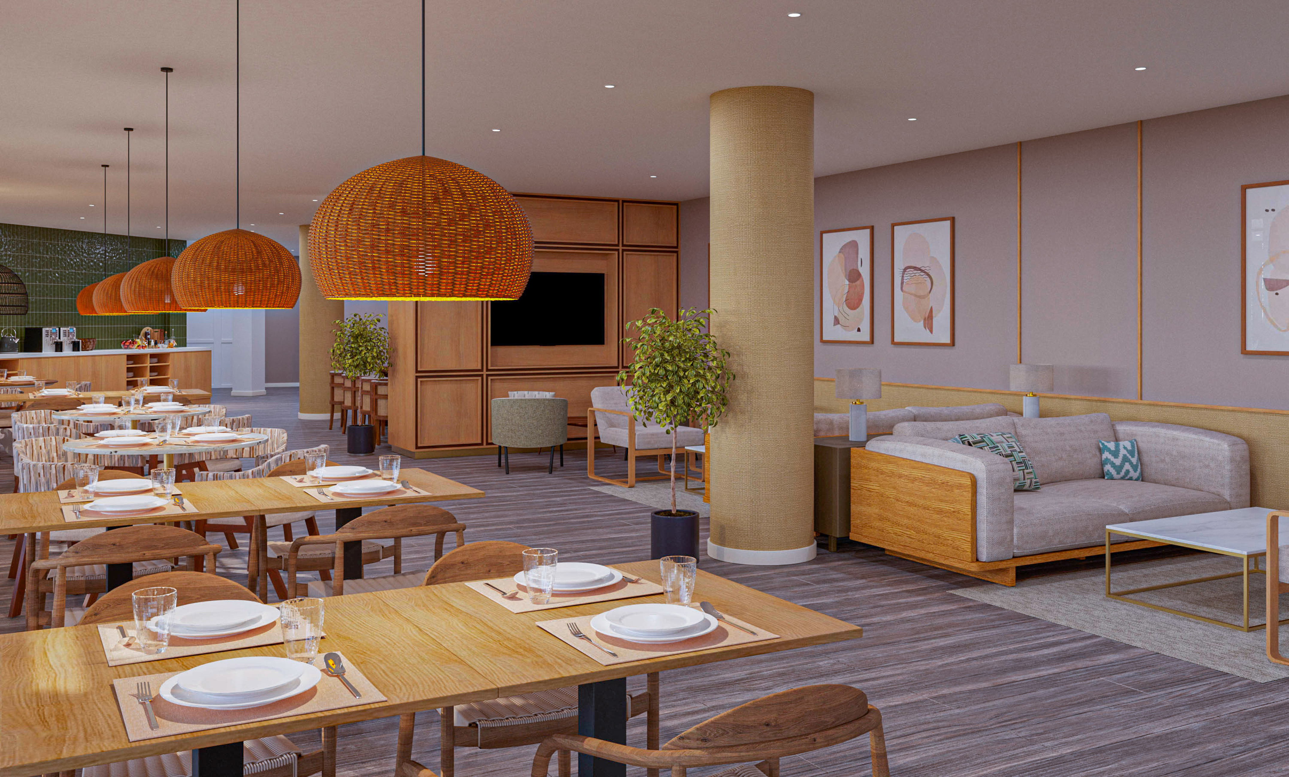 Restaurant dining area featuring wooden tables, rattan lights, and lounge.