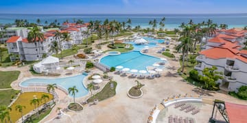 a swimming pool and palm trees next to a resort
