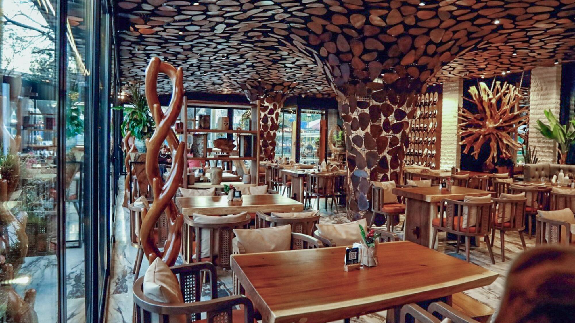 a room with tables and chairs