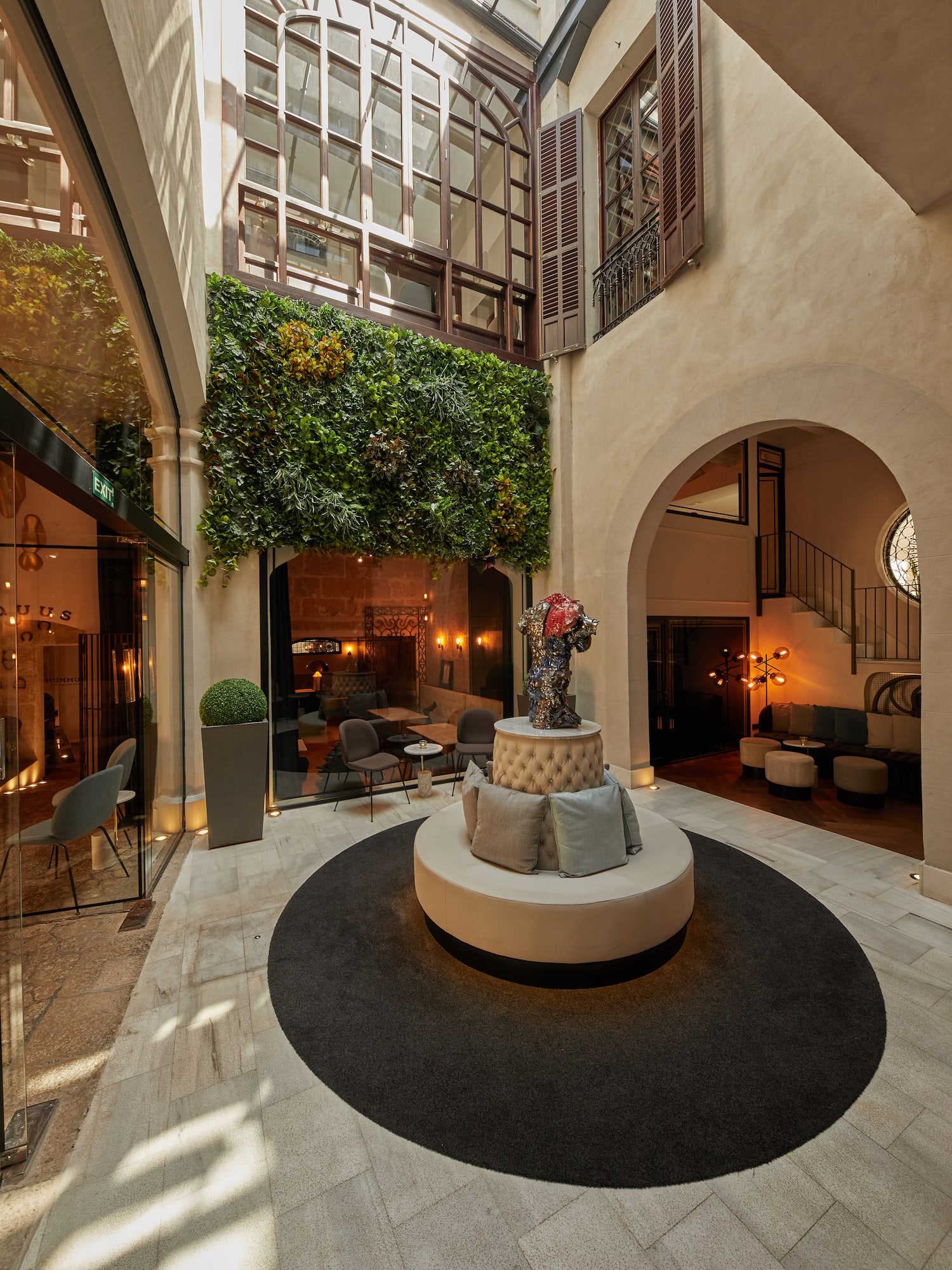 a room with a statue in it