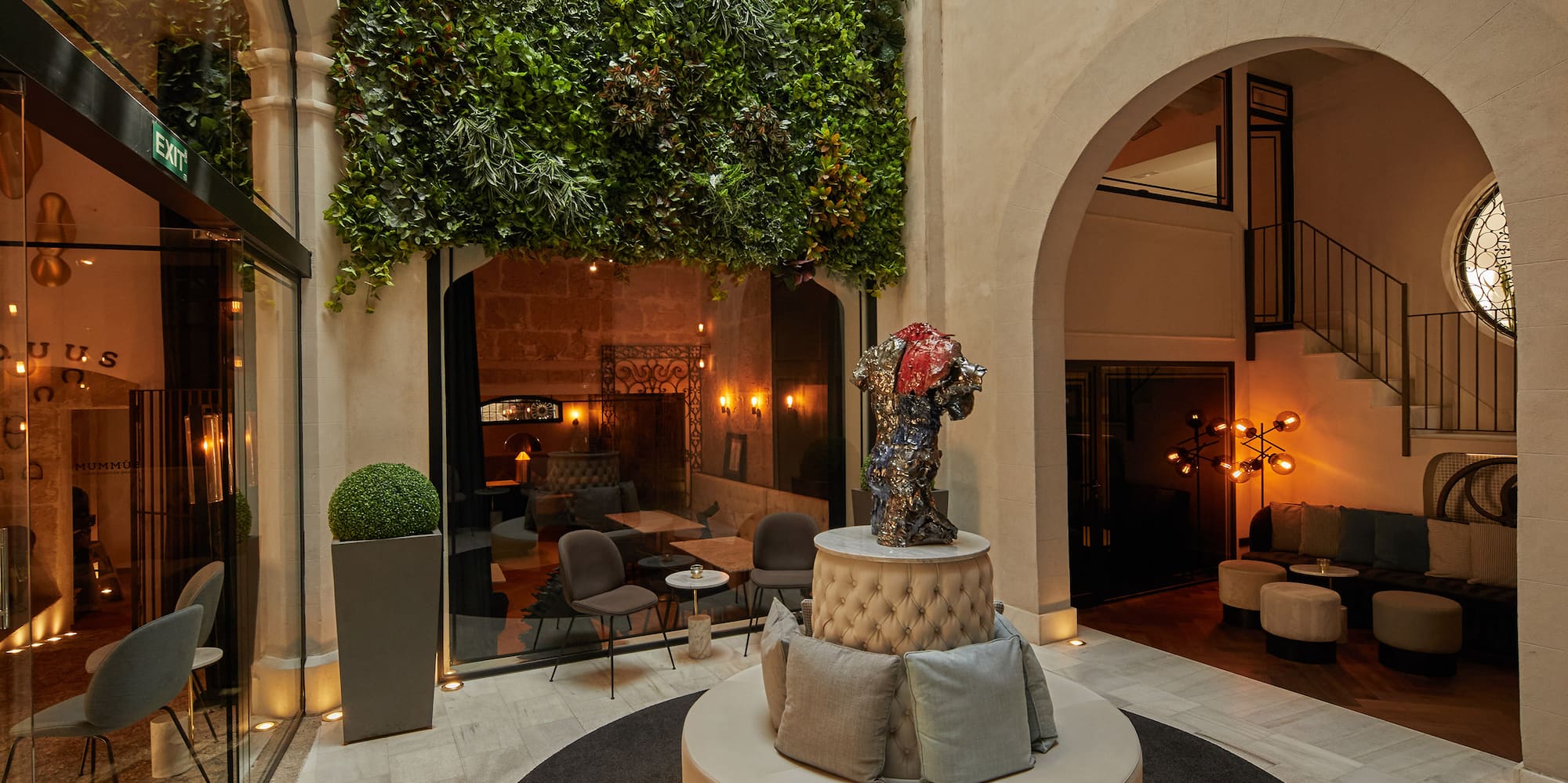 a room with a statue in it