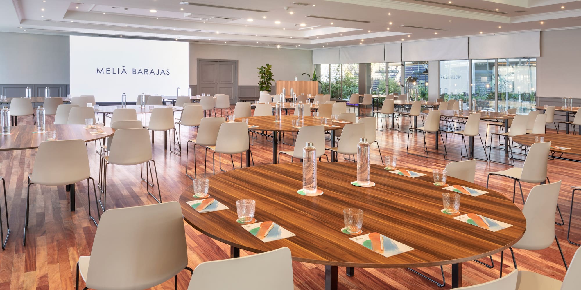 a room with tables and chairs