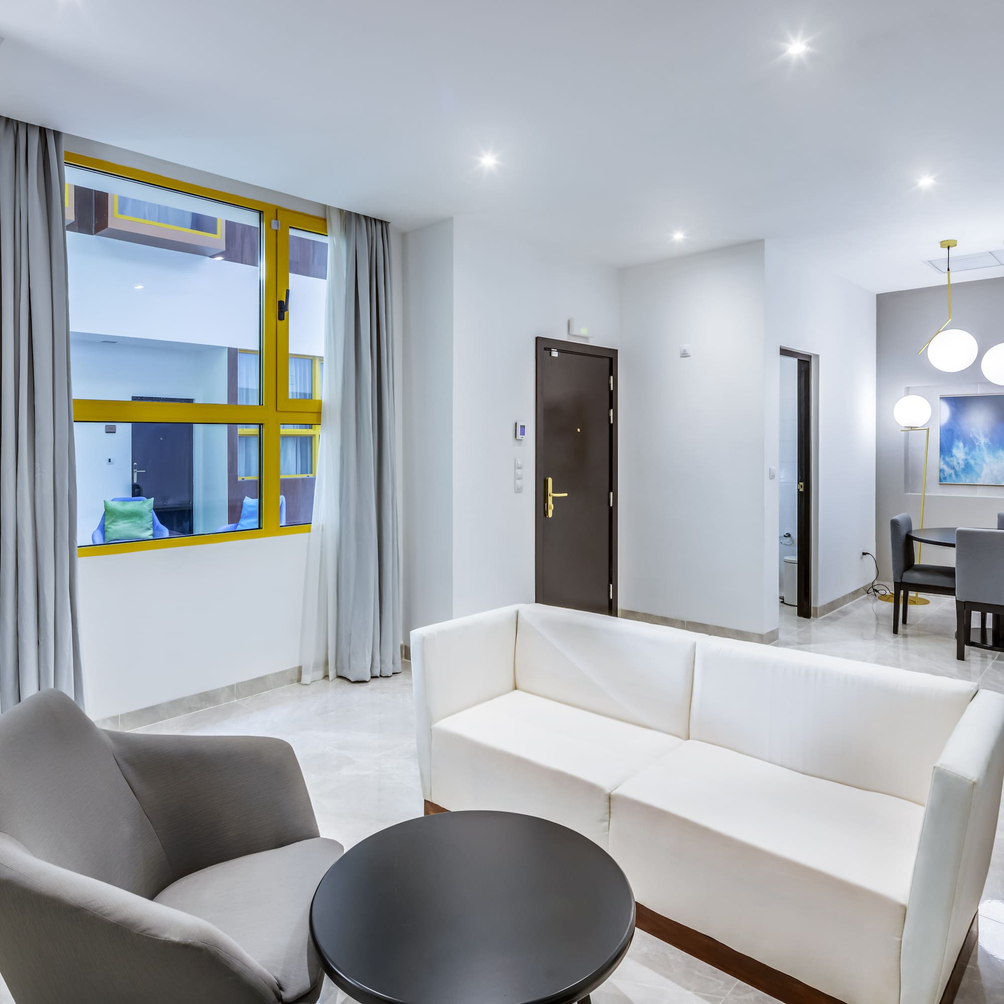 a room with a couch and a table