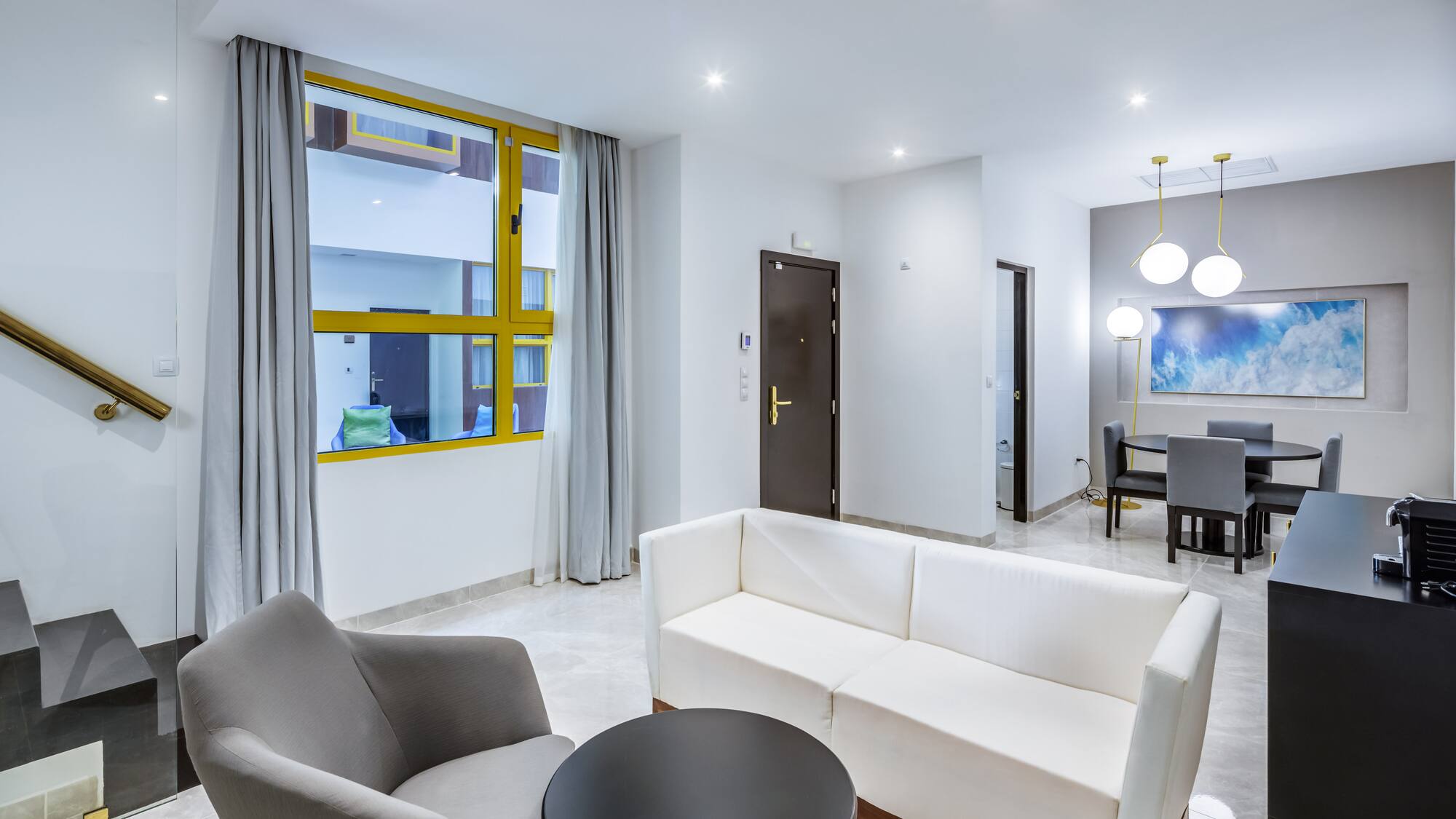 a room with a couch and a table