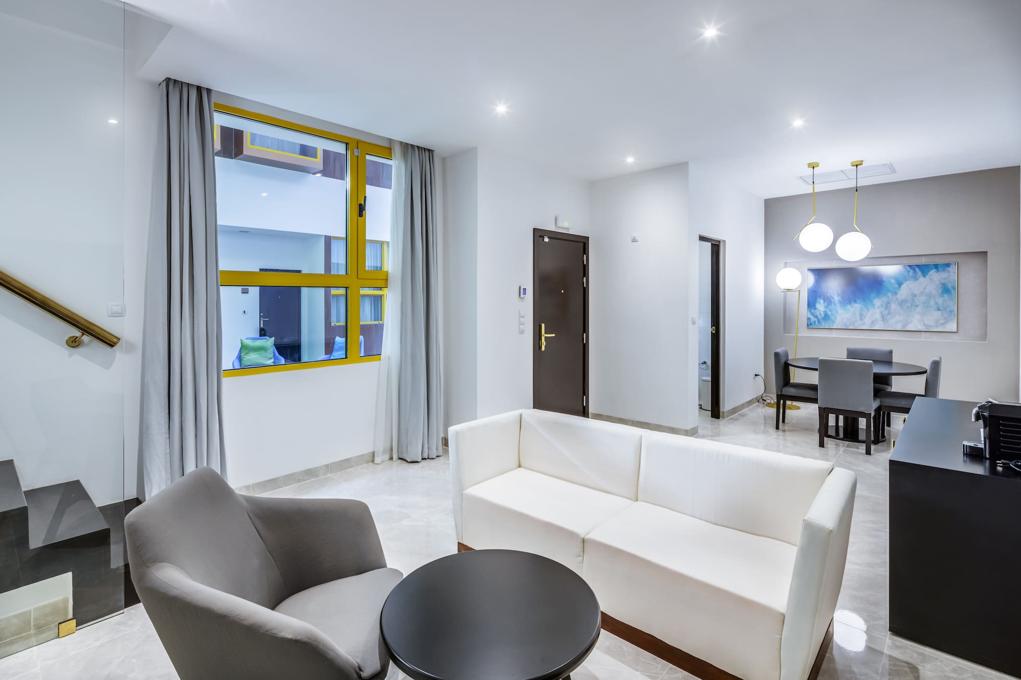 a room with a couch and a table