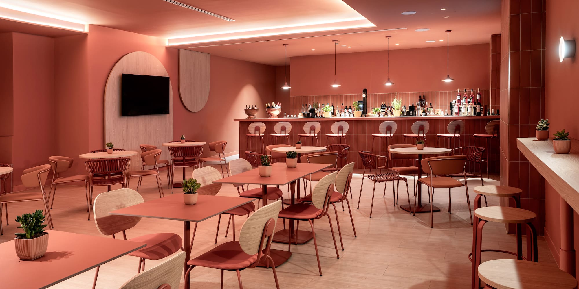 a room with tables and chairs