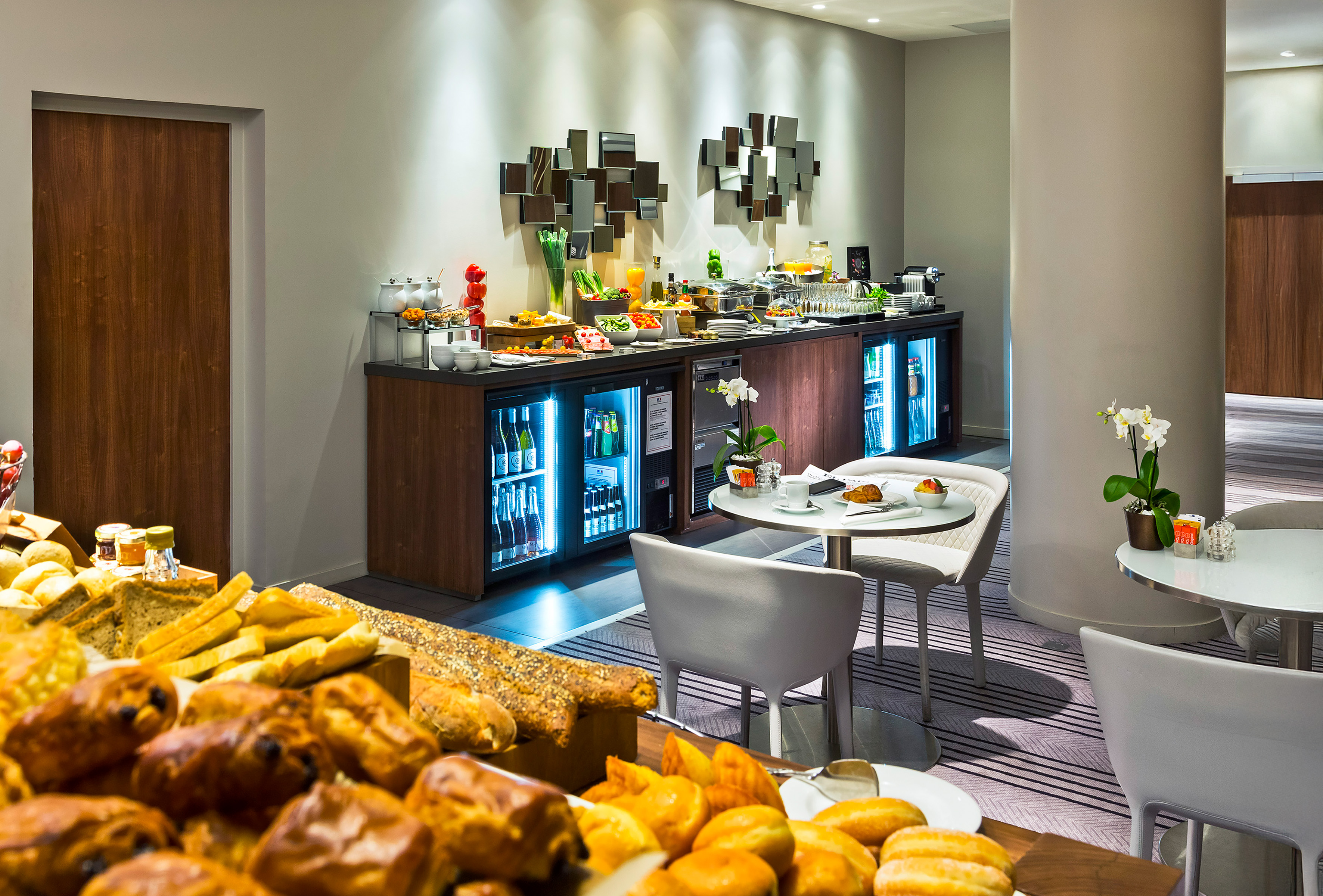 a room with a buffet and food