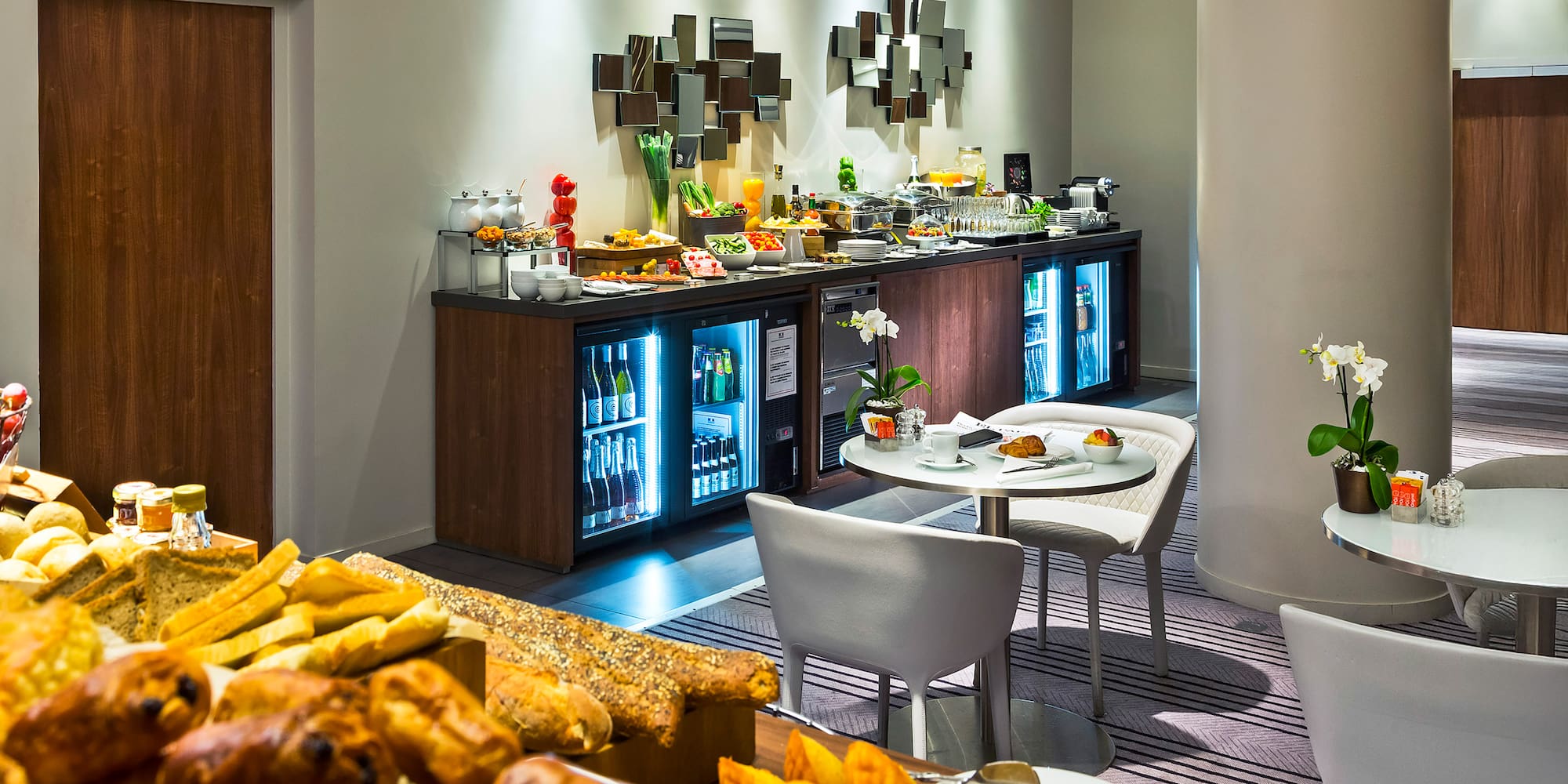 a room with a buffet and food