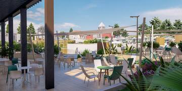 a patio with chairs and tables