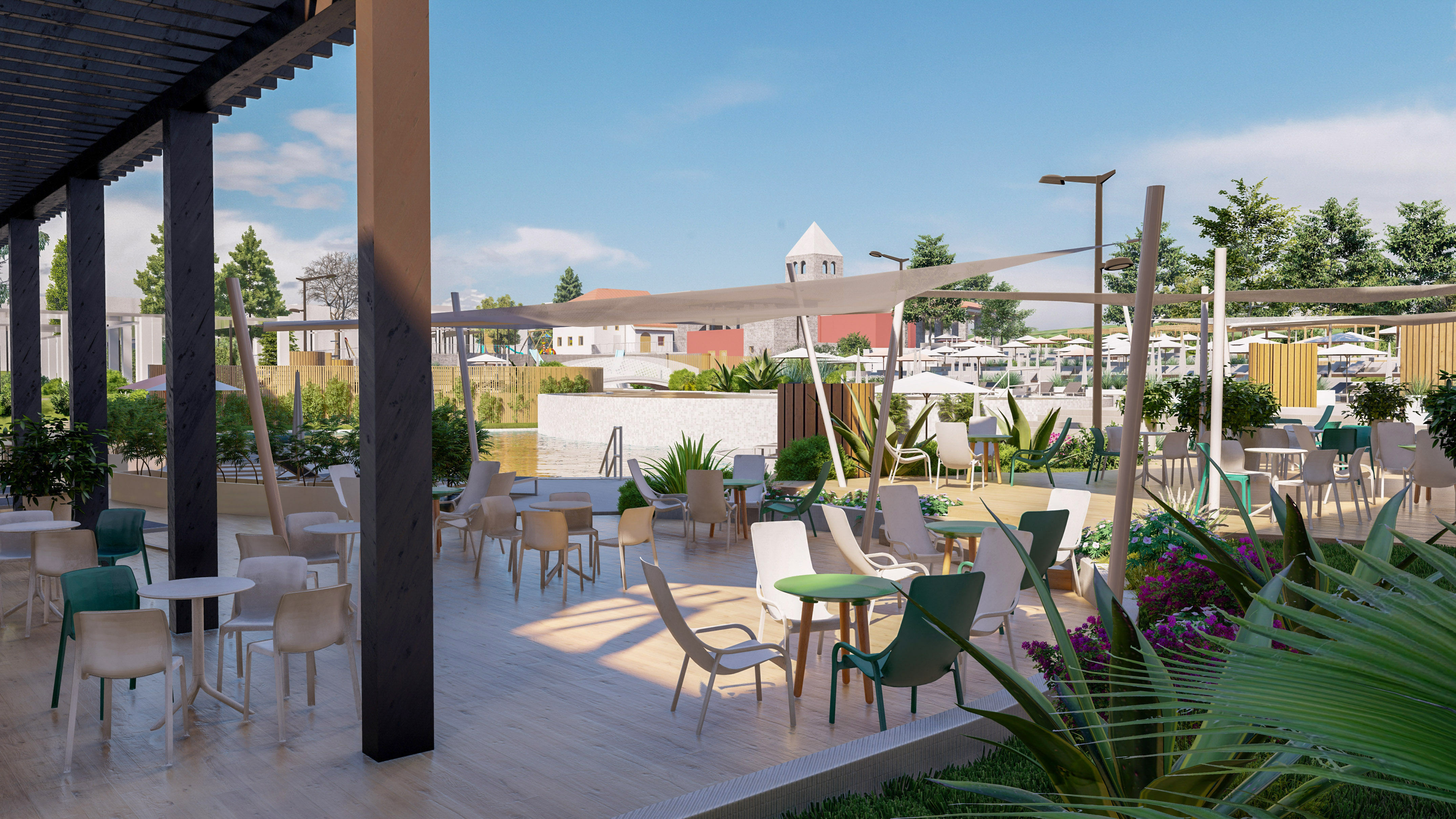 a patio with chairs and tables