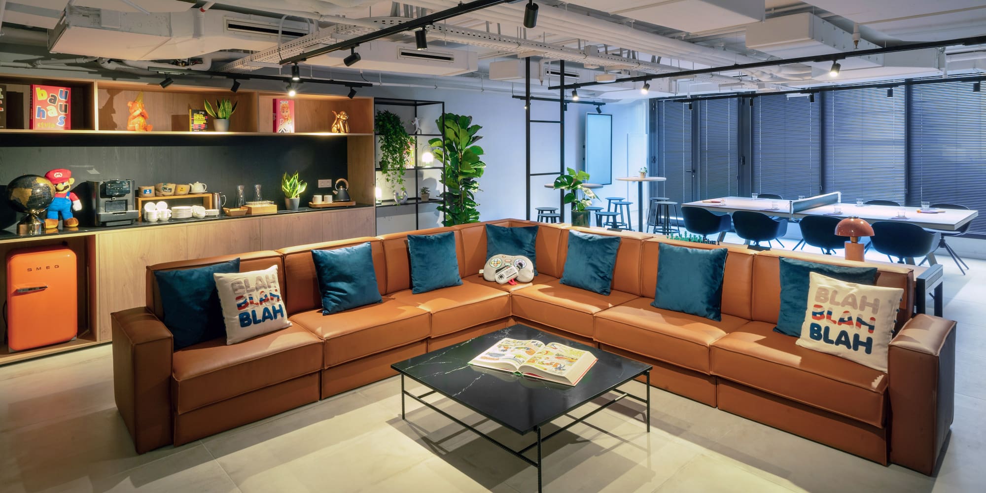 a room with a couch and a table